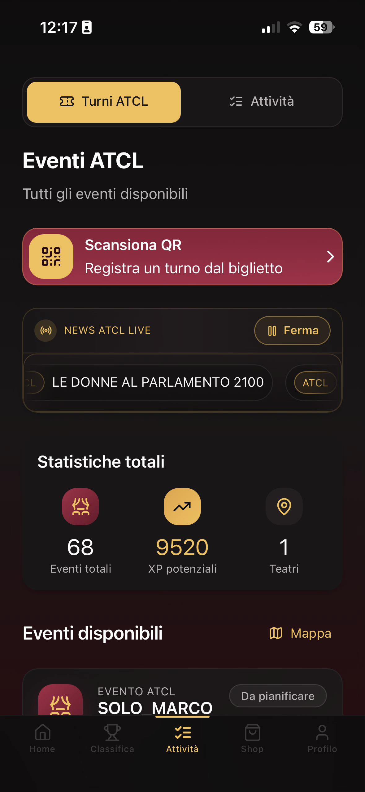 Schermata eventi con missioni e disponibilità del circuito